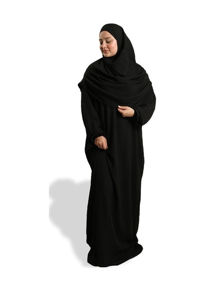 Hürrem Bone 2 Parça Namaz Elbisesi Dokuma Kendinden Desenli 2502 01 Siyah