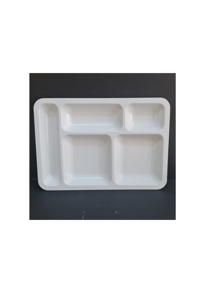 %100 Kırılmaz 12'li Melamin 5 Bölmeli Tabldot Yemek Servis Tabağı - 40x28 Cm Beyaz Beyaz