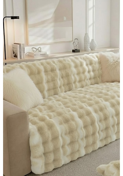Lüks Kürklü Koltuk Örtüsü 170x215 Cm Yumuşak Peluş Kaymaz Taban Kanepe Örtüsü Bej Krem Bej - Krem