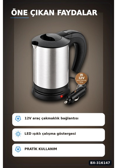 Araç İçi Su Isıtıcı Kettle 12v Çakmaklık Girişli Paslanmaz Çelik Termos Bx-316147
