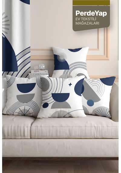 Modern Lacivert Gri Geometrik Desenli 4 Lü Kırlent Kılıfı