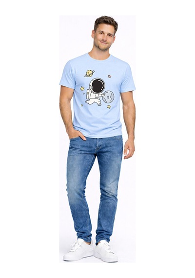 Sevgili Kombini Astronot Baskılı Çift Tişört Oversize Unisex Partner Tişört 2 Li Set Mavi