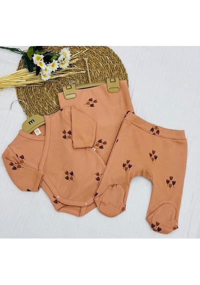 Minisse Baskılı Çıtçıtlı Badi, Alt Ve Müslin Battaniyeli Yenidoğan Bebek 3lü Set Lale