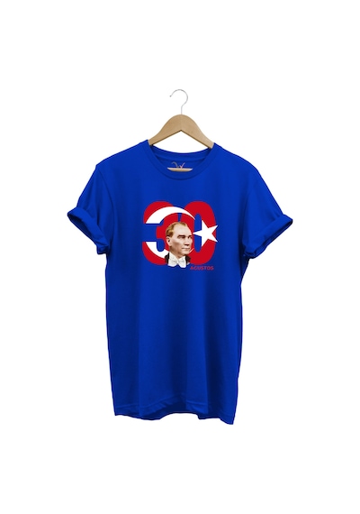 Türk Bayrağı Ve Atatürk Baskılı 30 Ağustos Zafer Bayramı Tasarımlı %100 Pamuk Regular Fit T-shirt Saks Mavi