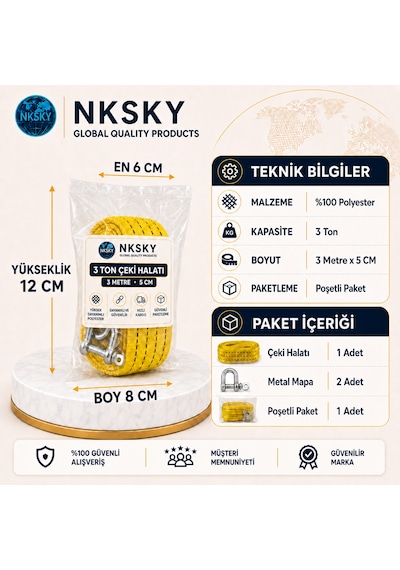 Nksky 3 Ton Araç Çekme Halatı 3 Metre 5 Cm Genişlik Güçlendirilmiş Uçlu Oto Çeki Halatı