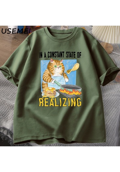 Flood Of Style Kedi Gerçekleştirerek Sabit Bir Devlet T Shirt Erkekler Kadınlar Komik Kedi Pişirme T-shirt K Yeşil