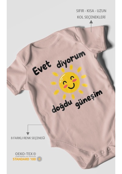 Morivokids Evet Diyorum Doğdu Güneşim Kısa Kollu Bebek Body %100 Pamuk Pastel Pembe