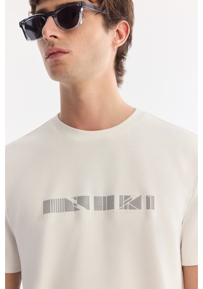 Avva Erkek Ekru Bisiklet Yaka Baskılı Bi-stretch İnterlok Regular Fit T-shirt A61y1061