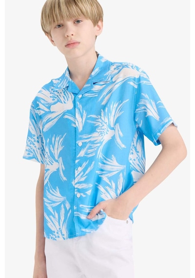DeFacto Erkek Çocuk Oversize Geniş Kalıp Polo Yaka Desenli Viskon Kısa Kollu Gömlek F5675A825HSBE339