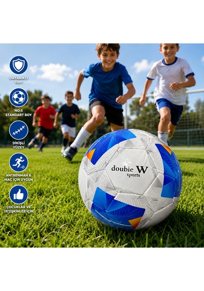 Double W Sports Dikişli Futbol Topu No:5 Mavi Beyaz Antrenman Topu Açık Mavi - Beyaz