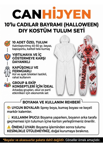 10'lu Cadılar Bayramı Halloween Zombi & Biyotehlike Dıy Kostüm Tulumu - Boyanabilir Dayanıklı Beyaz Tela