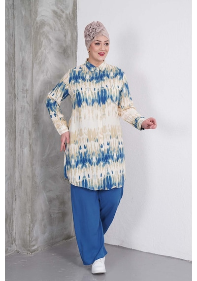 Polologin Butik Mavi Bej Blok Desenli Tunik Pantolon Takım Mavi & Bej & Lacivert