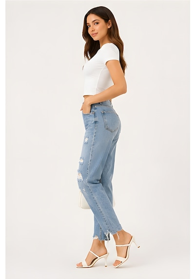 Lili Woman Kadın Yüksek Bel Yırtık Detaylı Mom Fit Jean Pantolon Ty.yjn01 Mavi
