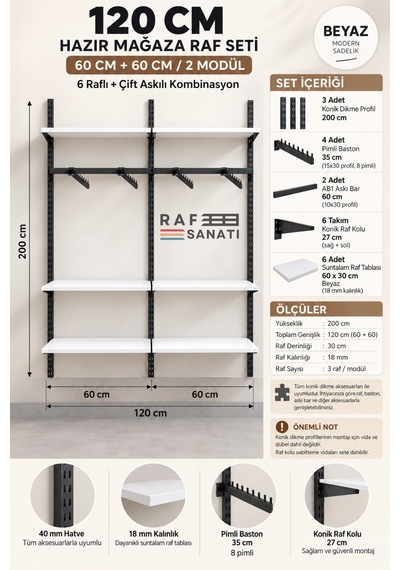 120 Cm Duvar Raf Askılık Sistemi 6 Raflı 2 Modül 200 Cm Konik Dikme Hazır Set Beyaz