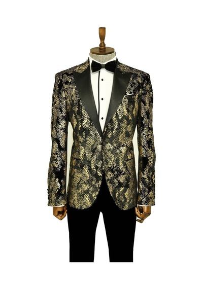 Wessi Dik Yaka Slim Fit Altın Desenli Siyah Erkek Balo Ceketi - Wessi Siyah