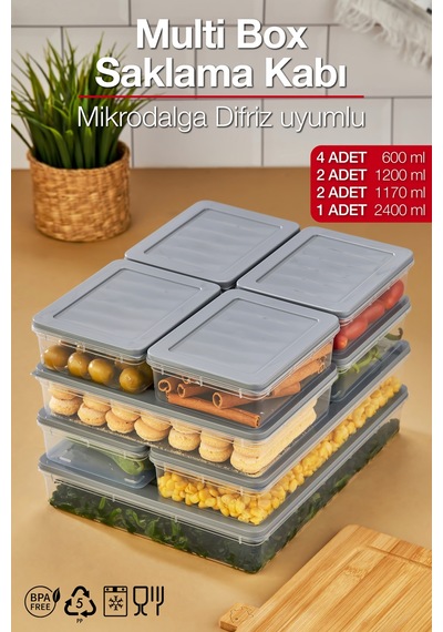 Multi Box 9 Parça 4 Farklı Boy Saklama Kabı Seti - Dondurucu & Mikrodalga Uyumlu Gri