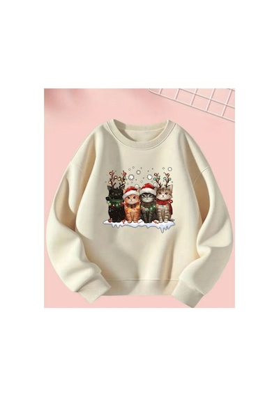 Herkesemoda Noel Kediler Baskı Detaylı Bisiklet Yaka Sweatshırt Bej