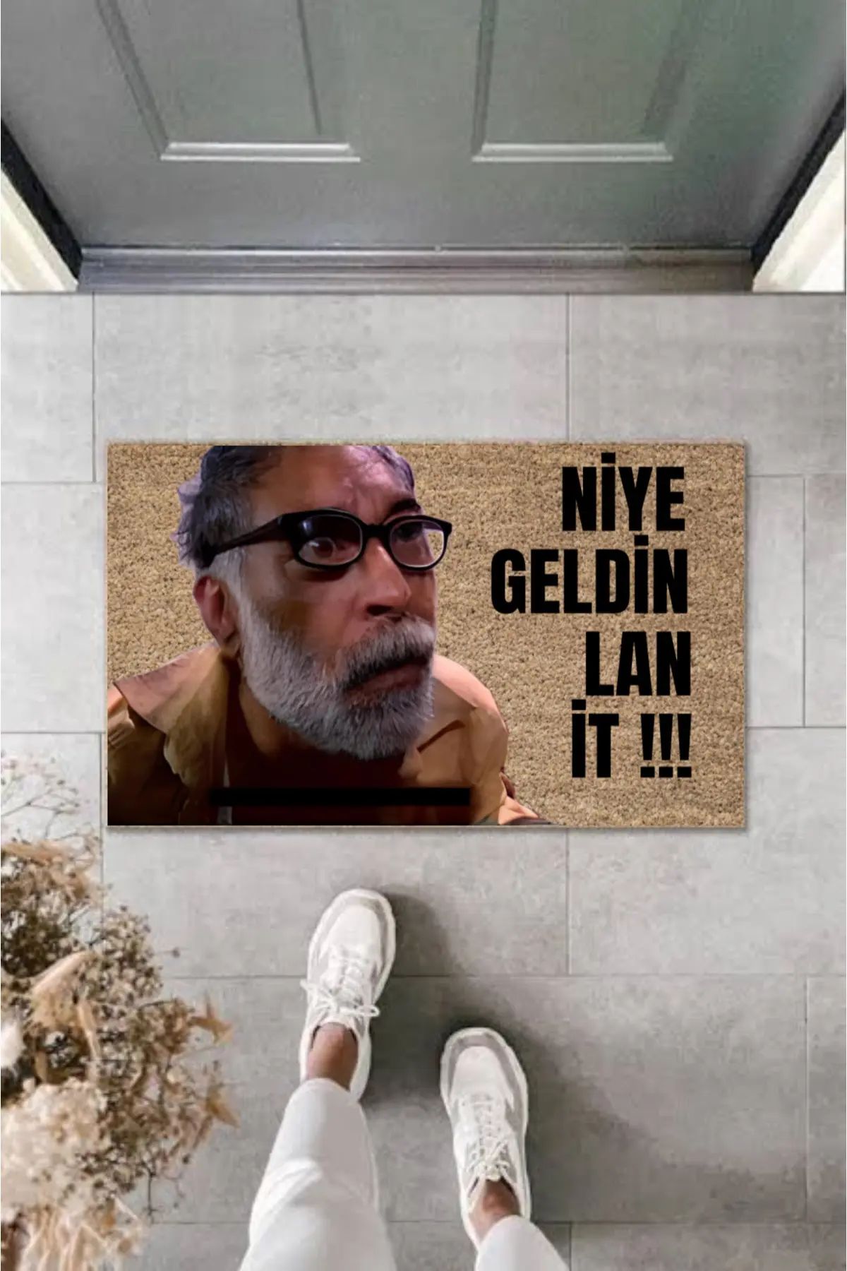 Niye Geldin Lan Paspas Mizahi Tasarım, Kaymaz Taban, Yüksek Kalite Dijital Baskı Sarı