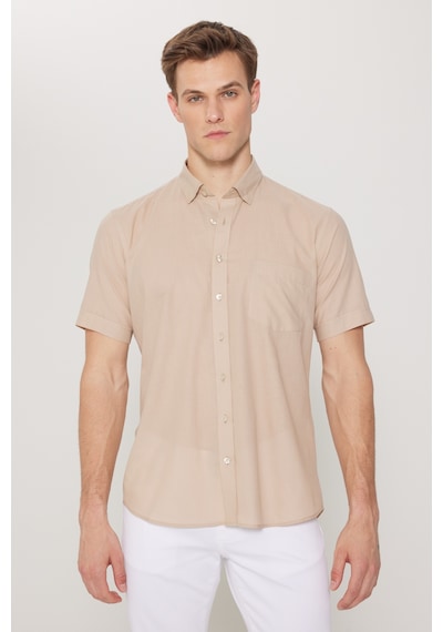 AC&Co / Altınyıldız Classics  Erkek Koyu Bej Comfort Fit Rahat Kesim Gizli Düğmeli Yaka %100 Pamuk Gömlek Koyu Bej