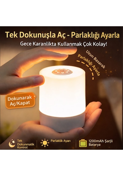 Polham 1200mah Şarjlı Saatli Dokunmatik Led Masa Lambası, 3 Işık Modlu, Parlaklık Ayarlı Gece Lambası Beyaz