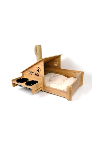 Ahşap Kedi Evi - Mama Kabı-özel Isim Baskılı-meşe Mdf- Siyah Seramik Kase 2 400ml- Tırmalama Çubuklu