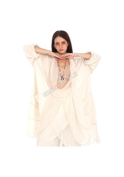 Italyan Ipek Detaylı Oversize Kap Bluz- Asimetrik Pantolon Takım Krem