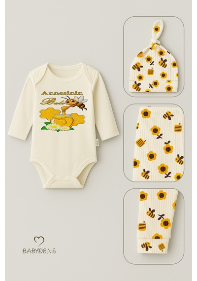 Babyden's Annesinin Balı 3 Lü Yenidoğan Takım %100 Pamuk Uzun Kol Body,pantolon,bere Unisex Ekru