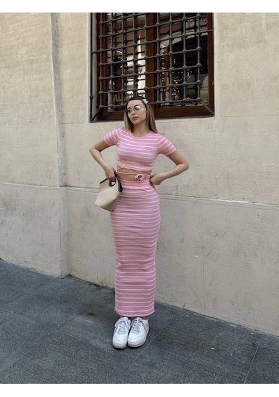 Kazax Çizgili Etekli Takım Pembe S3609 Pembe