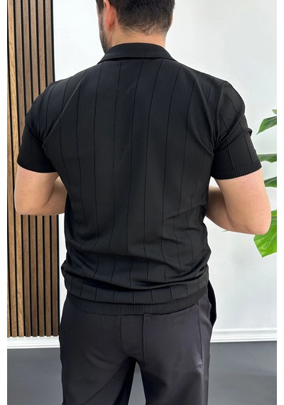 Erkek Slim Fit Fermuarlı Polo Yaka Tişört Siyah Edw452 Siyah