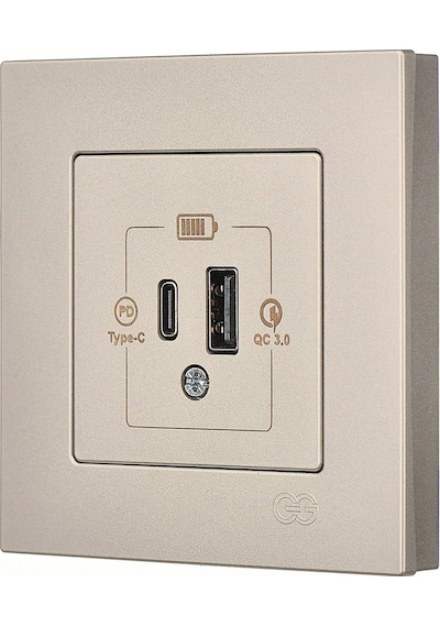 Günsan Eqona Metalik Bej 2 Çıkışlı USB Şarj Prizi - 20W (Type C + Type A)
