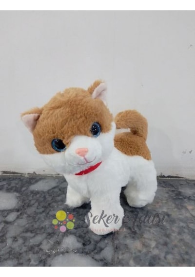 Sevimli Ayakta Duran Miyavlayan Peluş Kedi 20 Cm Sesli Oyuncak Turuncu