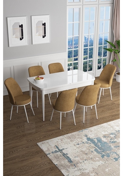 Canisa Concept Han Serisi 70x114 Açılabilir Mdf Mutfak Masası Takımı Beyaz Masa 6 Cappucino Sandalye Masa Beyaz Sandalyeler Cappucıno