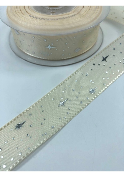 FdayAksesuar Açık Krem Yıldız Desenli Tafta Kurdele 1 Metre En 2,5 Cm FRDY24132