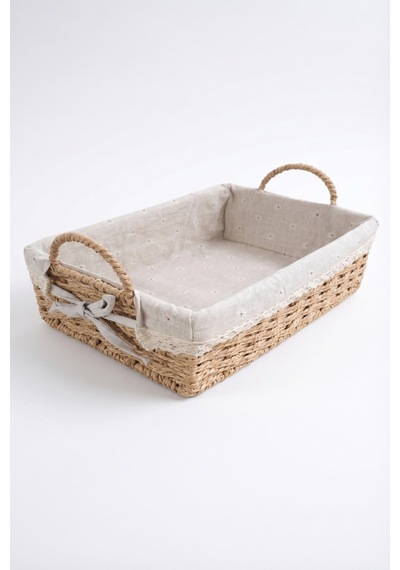 Bambu Ekmek Sepeti, 31x20x10 Cm, Dantelli Çiçek Desenli Kumaş, Metal Çerçeve Kahverengi