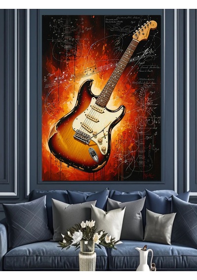 Ahşap Tablo Yanık Gitar Alevli Müzik
