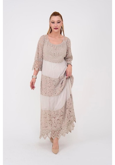 Eren Style İtalyan Sunshine İpek Detaylı Dantelli Elbise-9033 KREm Krem