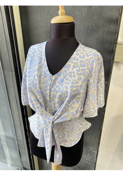 Pera Moda Leopar Desenli Önden Bağlamalı Beli Lastikli Crop Bluz Gömlek Bebe Mavisi