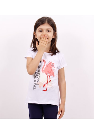 Toontoy Kids Kız Çocuk Tişört Flamingo Baskılı Beyaz