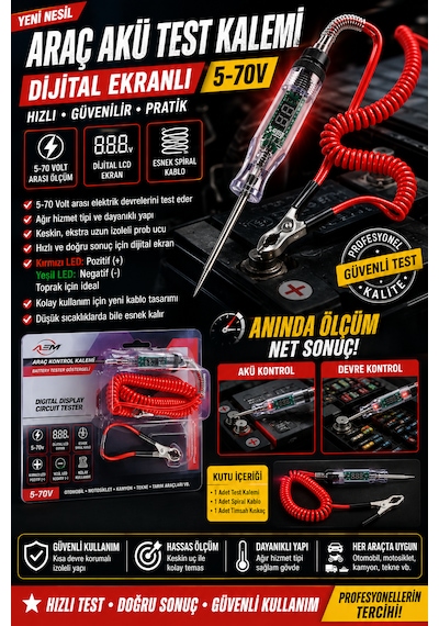 Dijital Araç Akü Test Kalemi 5-70volt Oto Kontrol Kalemi Dijital Akım Göstergeli Elektrik Kontrol Kalemi 6v 12v 24v 36v 48volt