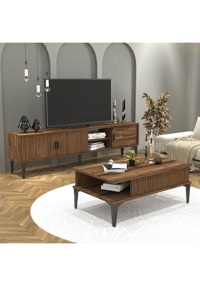Marin Tv Ünitesi 180 Cm - Orta Sehpa Seti Çizgi Desenli Set Ceviz