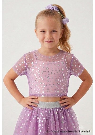 Le Mabelle Lila Yıldız Baskılı Kısa Kollu Kız Çocuk Tül Crop Lila