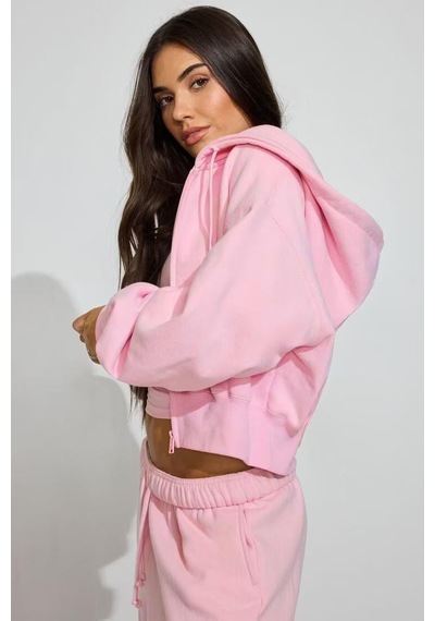 Pembe Crop Kapşonlu Fermuarlı Kadın Sweatshirt Mg2608 Pembe