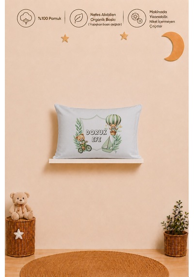 İsme Özel Erkek Bebek Yastık Kılıfı 35x45 Cm %100 Pamuk Organik Baskılı İsimli Bebek Hediyesi 1042y
