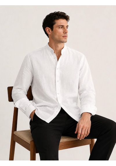 Classics Men Baros Hakim Yaka Uzun Kol Slim Fit Keten Gömlek - 7684 Beyaz