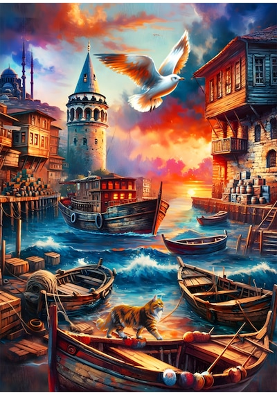 2 Adet 1000 Parça Puzzle - Galata Kulesi Manzaralı Ve Limanda Sakinlik Yapboz 68x48 Cm
