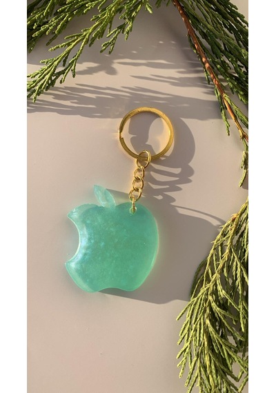 Parlak Mint Yeşili Gold Aksesuarlı Apple Elma Epoksi Anahtarlık