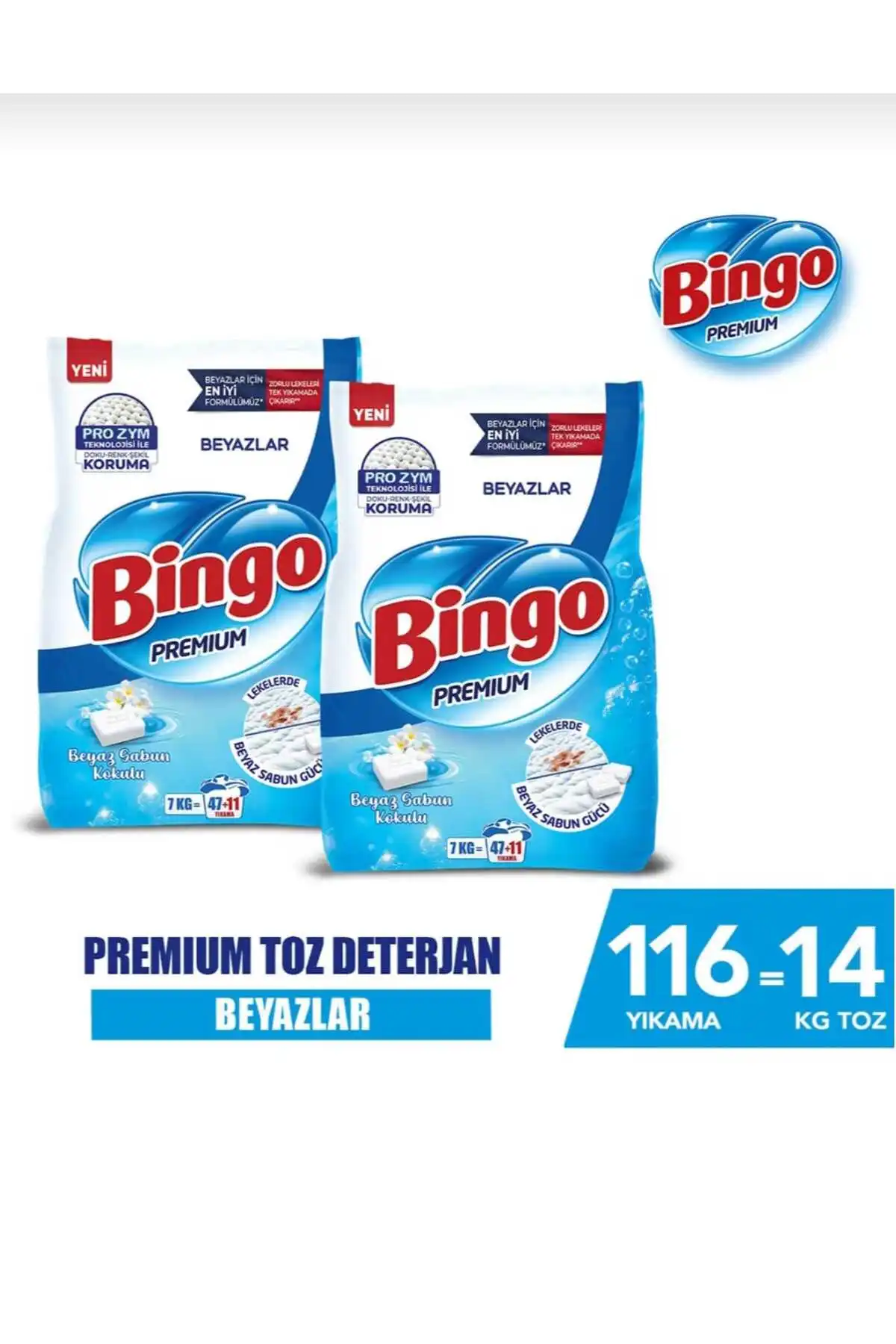 Bingo Premium Beyazlar İçin Toz Deterjan 2 Li Paket 7 Kg X 2 Geleneksel Beyaz Sabun Kokusu