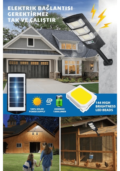 Technosmart Solar 144 Led Kumandalı Duvar Lambası Güneş Enerjili, Ip65, 3 Modlu Bahçe Aydınlatma 1 Adet