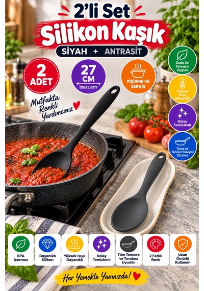 2'li Set Siyah Antrasit Büyük Boy Silikon Kaşık 27 Cm Mutfak Yemek Pişirme Ve Servis Kaşığı 2 Renkli