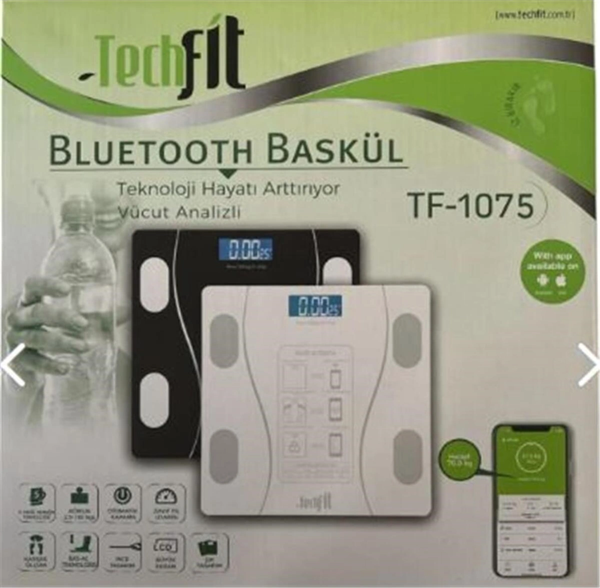 Techfit Dijital Baskül Tf-1075 Bluetooth Özellikli Hassas Ölçüm 2.5-180kg Siyah
